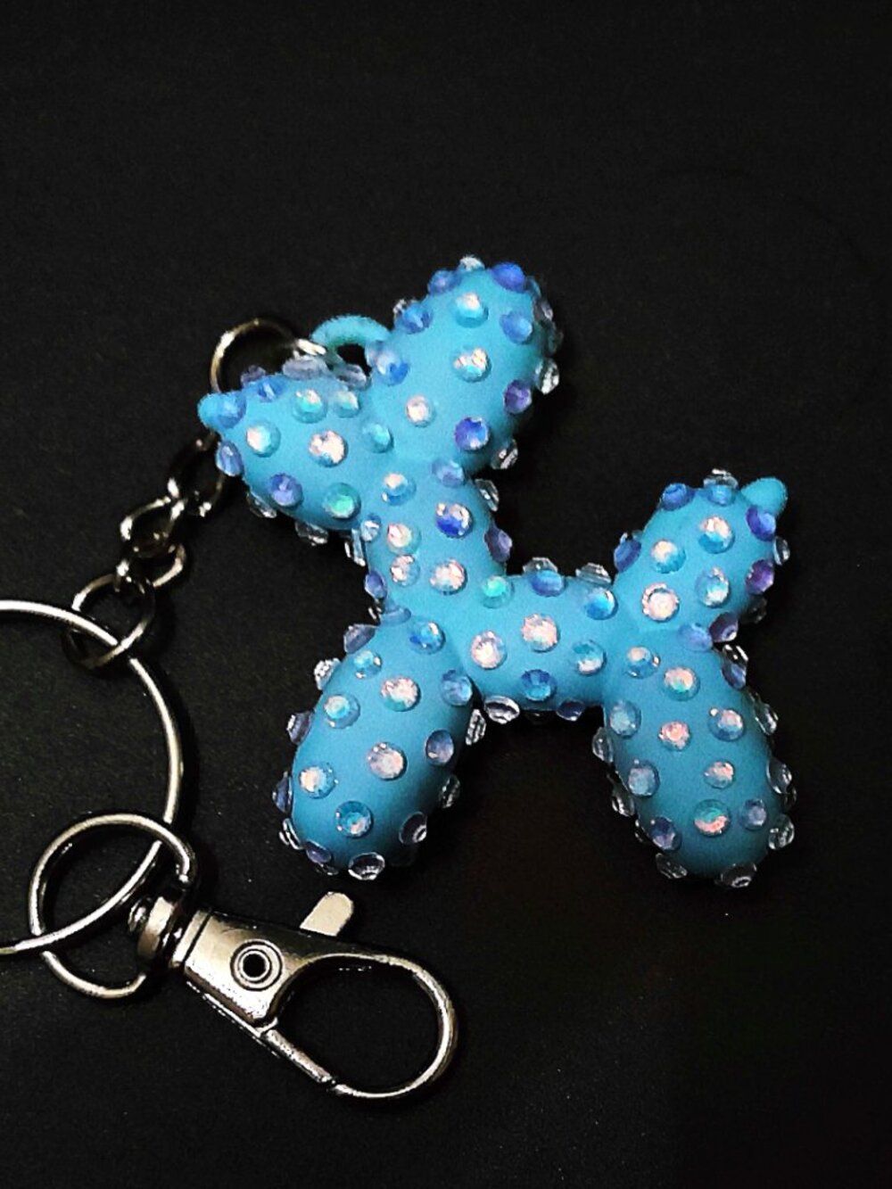 Bedazzled Balloon Dog Keychain, Light Blue Dog w/irridescent blue stones